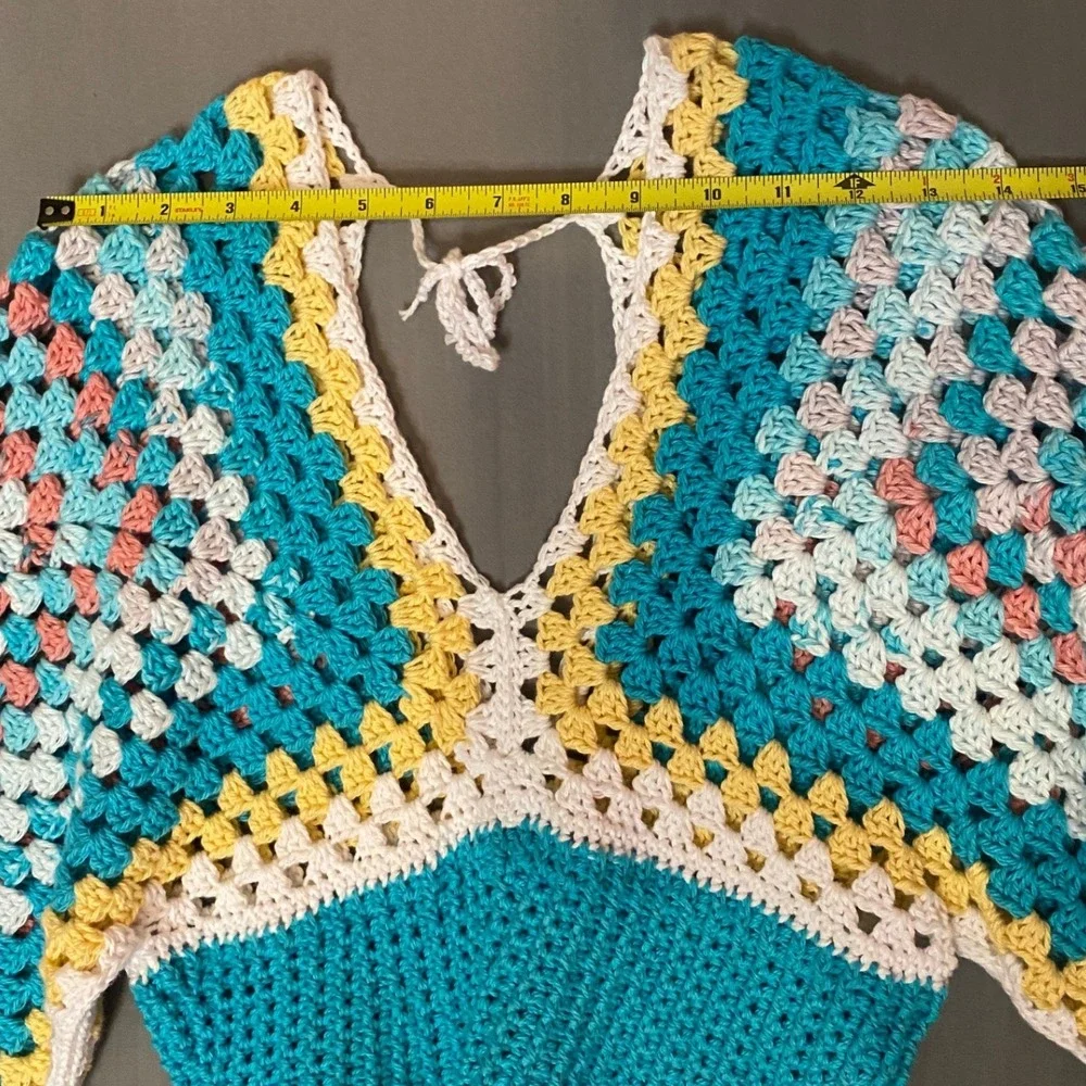 Handmade Crochet Granny Square Crop Top Bell Sleeve V-Neck Boho Turquoise Yellow